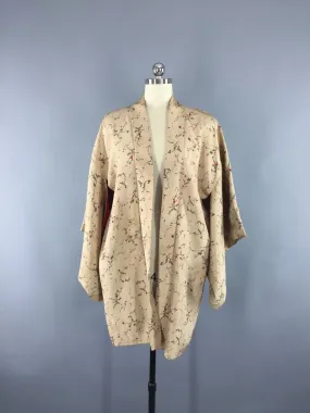 1970s Vintage Silk Kimono Jacket / Silk Haori Kimono Cardigan / Tan Abstract Print