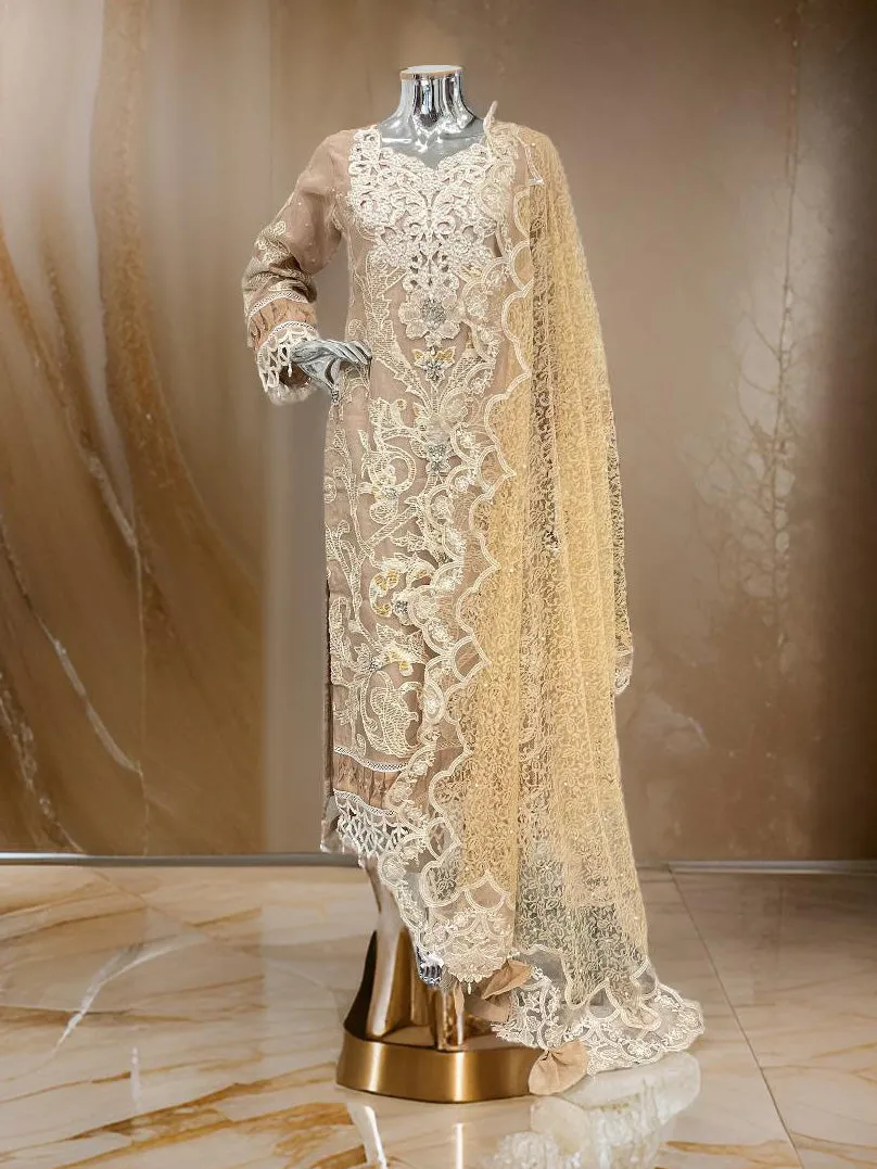 Ally's Beige Embroidered Organza 3-Piece Suit (AL-3674)