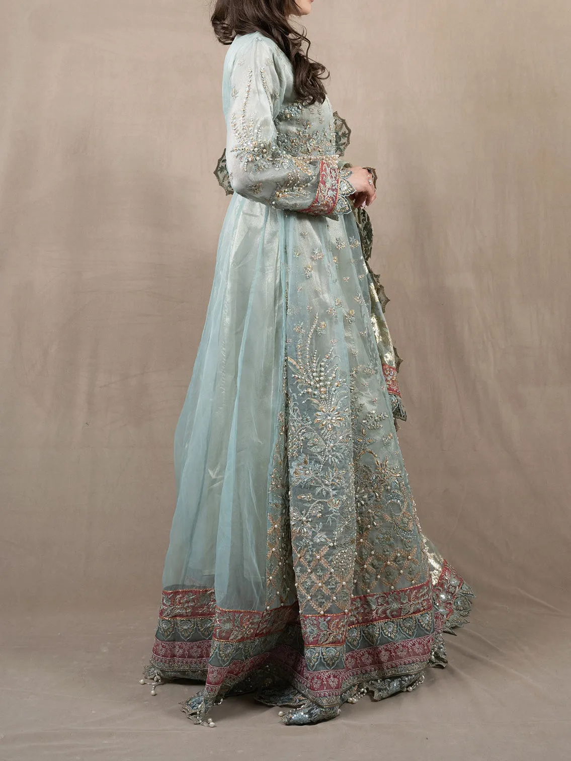 Ally's Green Organza Long Embroidered Gown Suit (AL-3484)