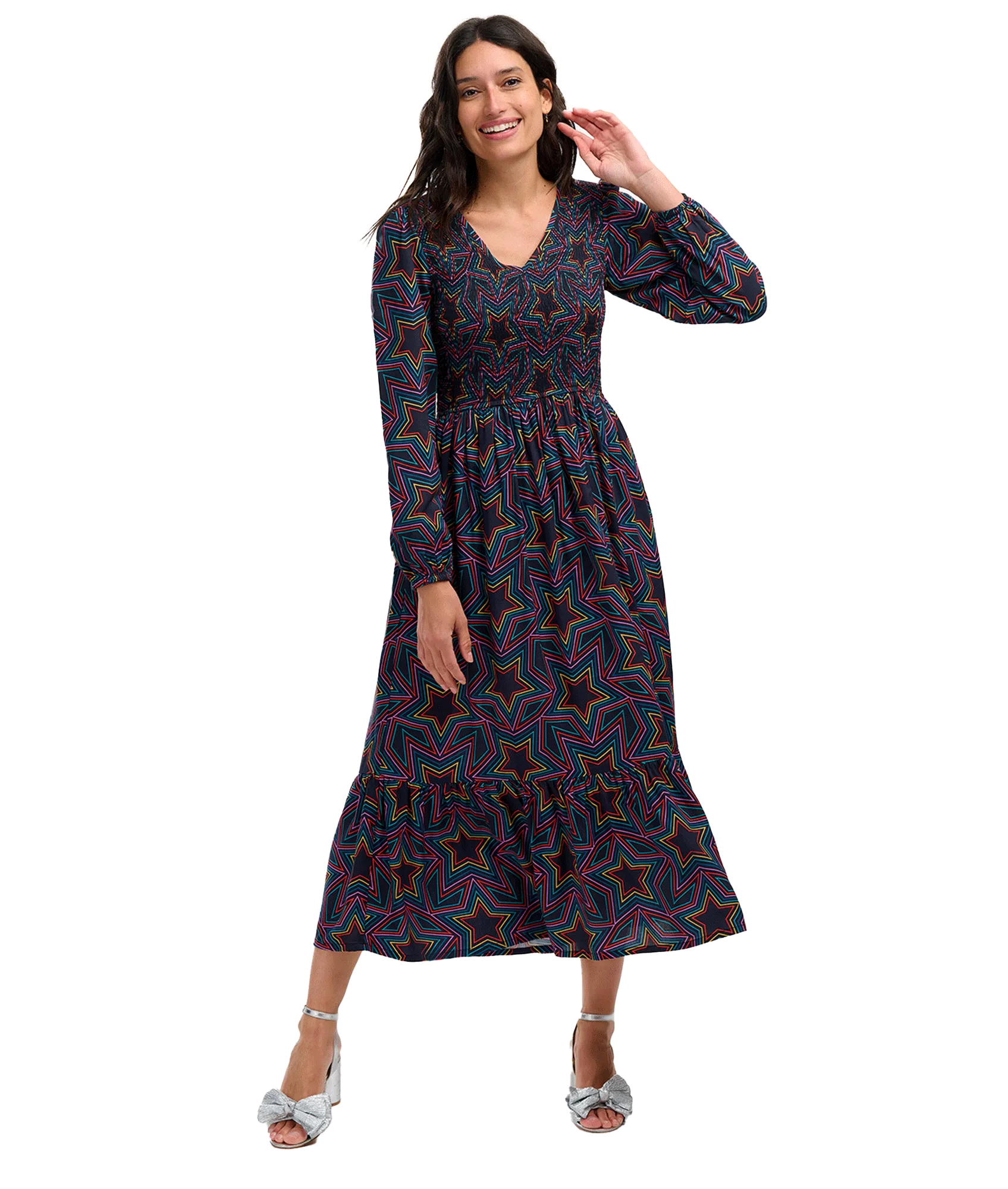 Amberly Rainbow Star Midi Smock Dress - Multi