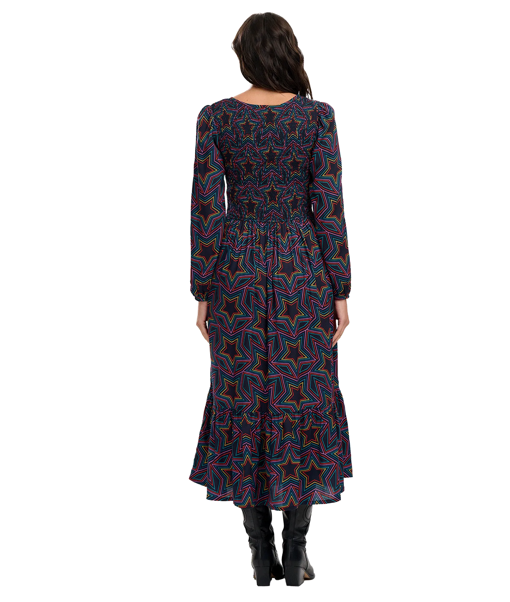 Amberly Rainbow Star Midi Smock Dress - Multi