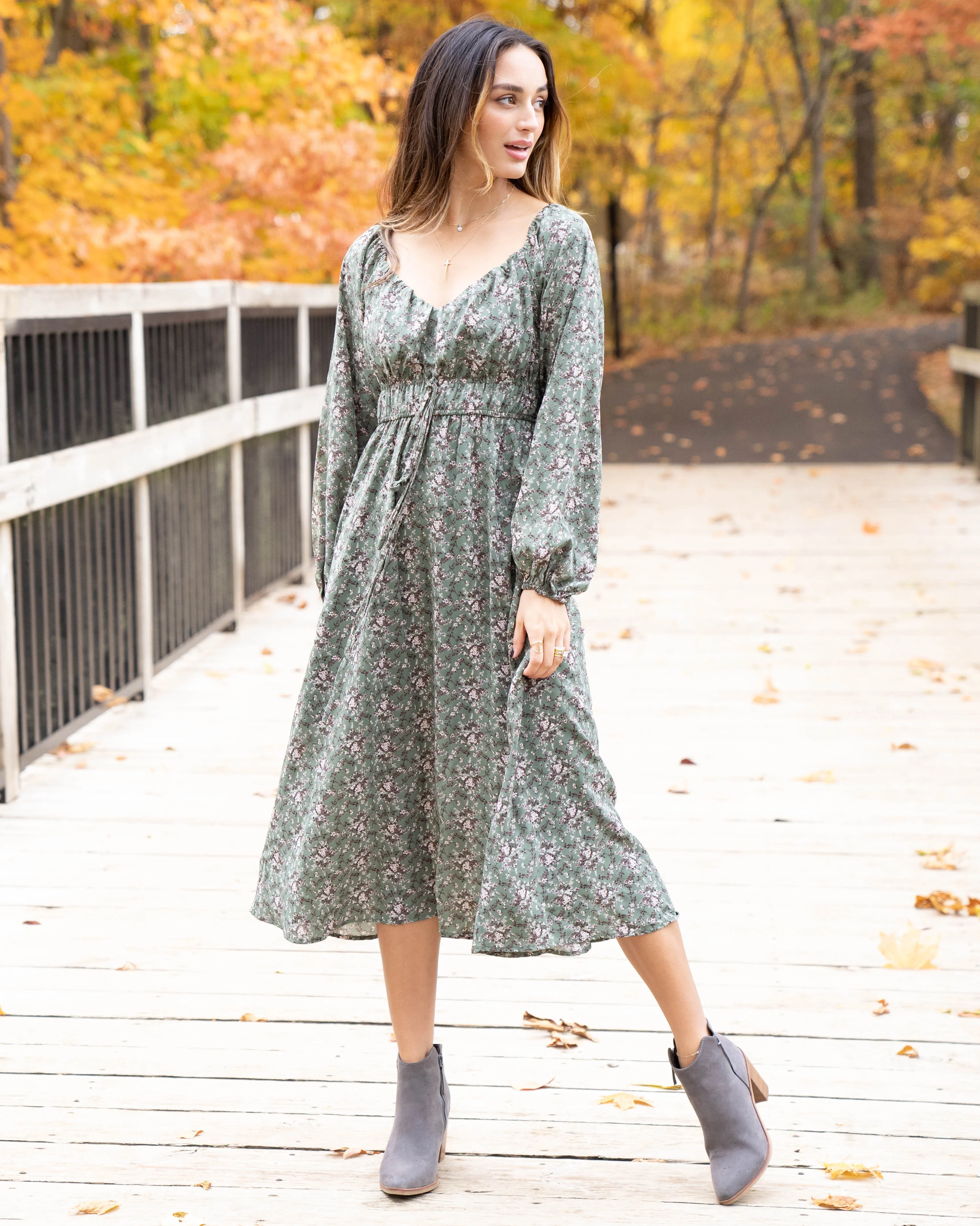 Autumn Outings Floral Dress - Sage