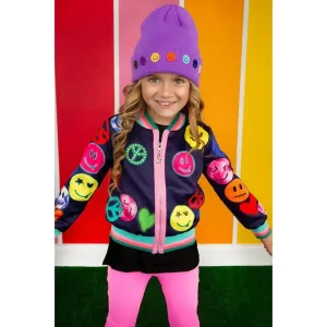 Baby Sara Happy Face Print Bomber Jacket