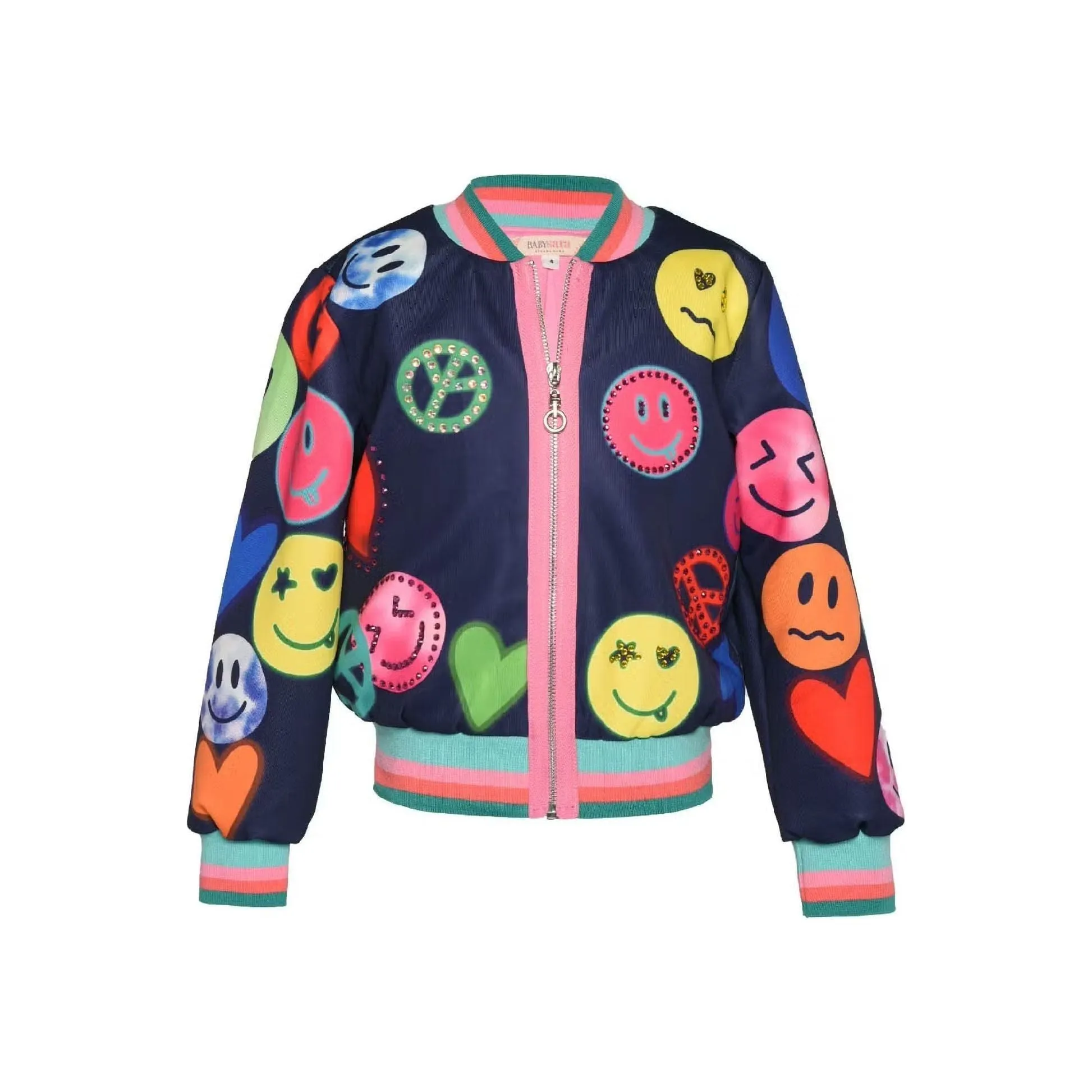 Baby Sara Happy Face Print Bomber Jacket