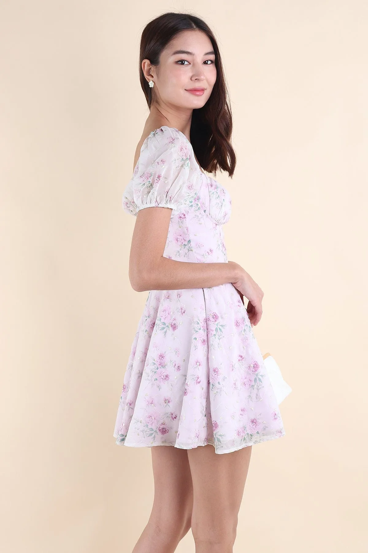 BEAU FLORAL EMBROIDERY DRESS IN PURPLE