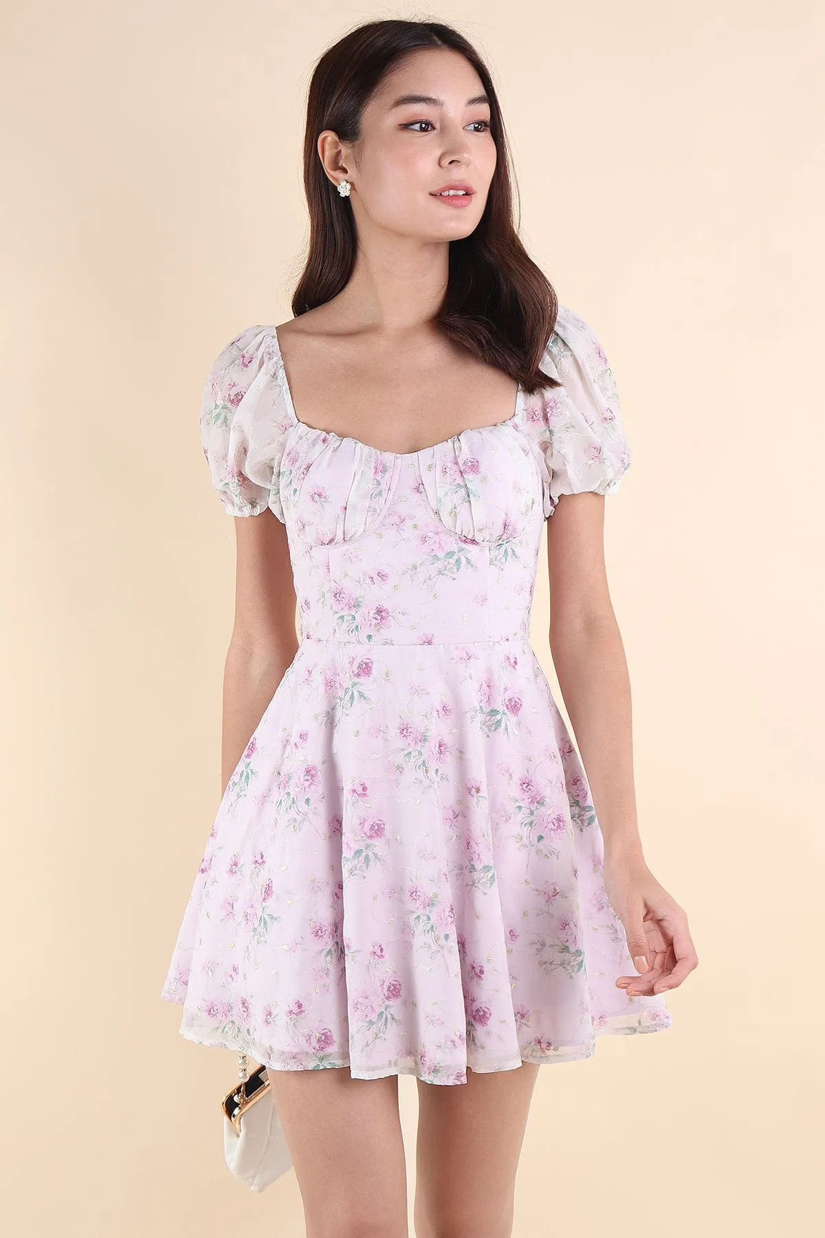 BEAU FLORAL EMBROIDERY DRESS IN PURPLE