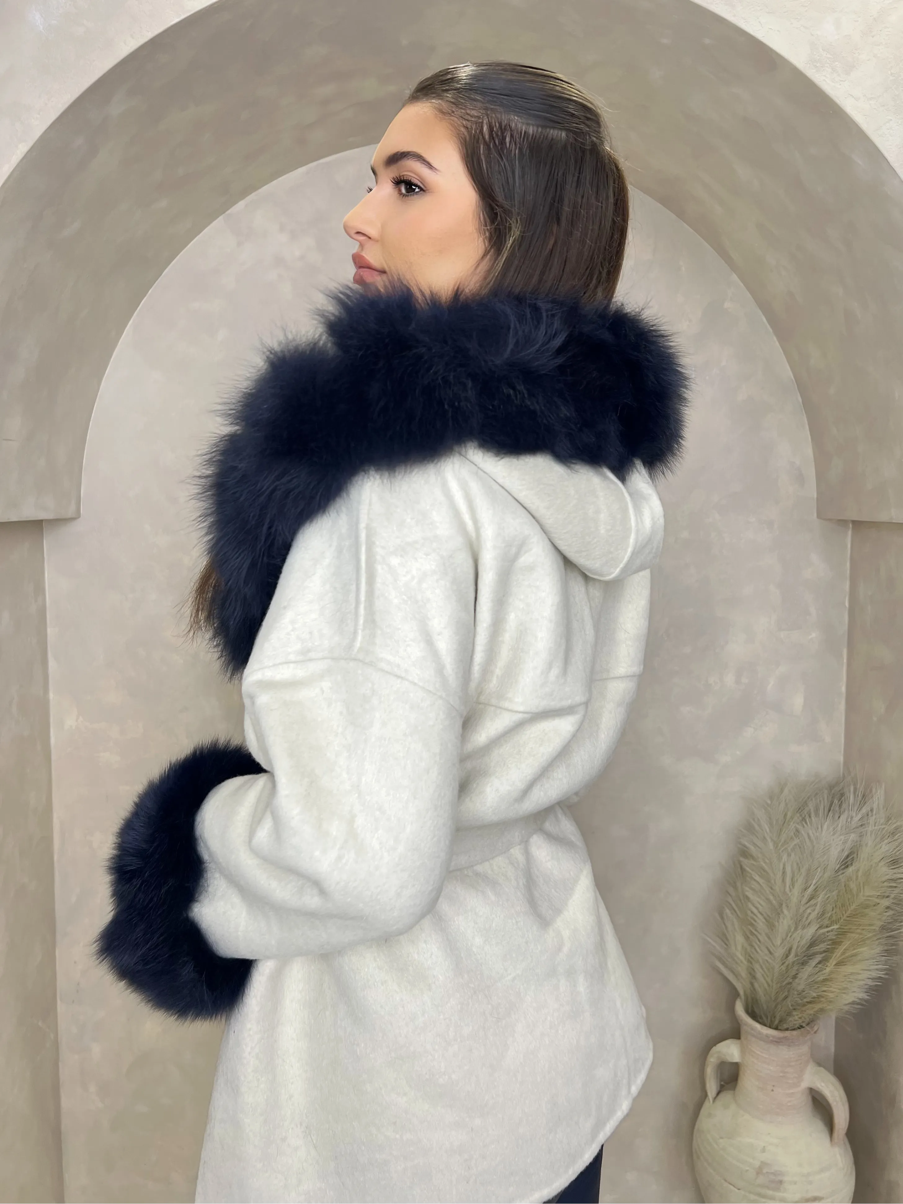 Beige/Navy Cashmere Coat With Fox Fur Trim