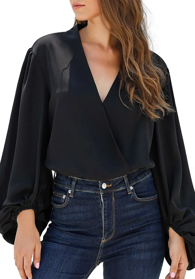 Black Lantern Sleeves Oversized Surplice Bodysuit