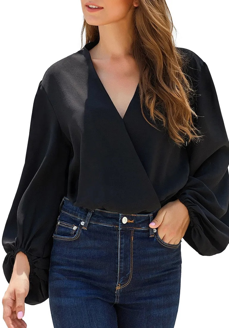 Black Lantern Sleeves Oversized Surplice Bodysuit