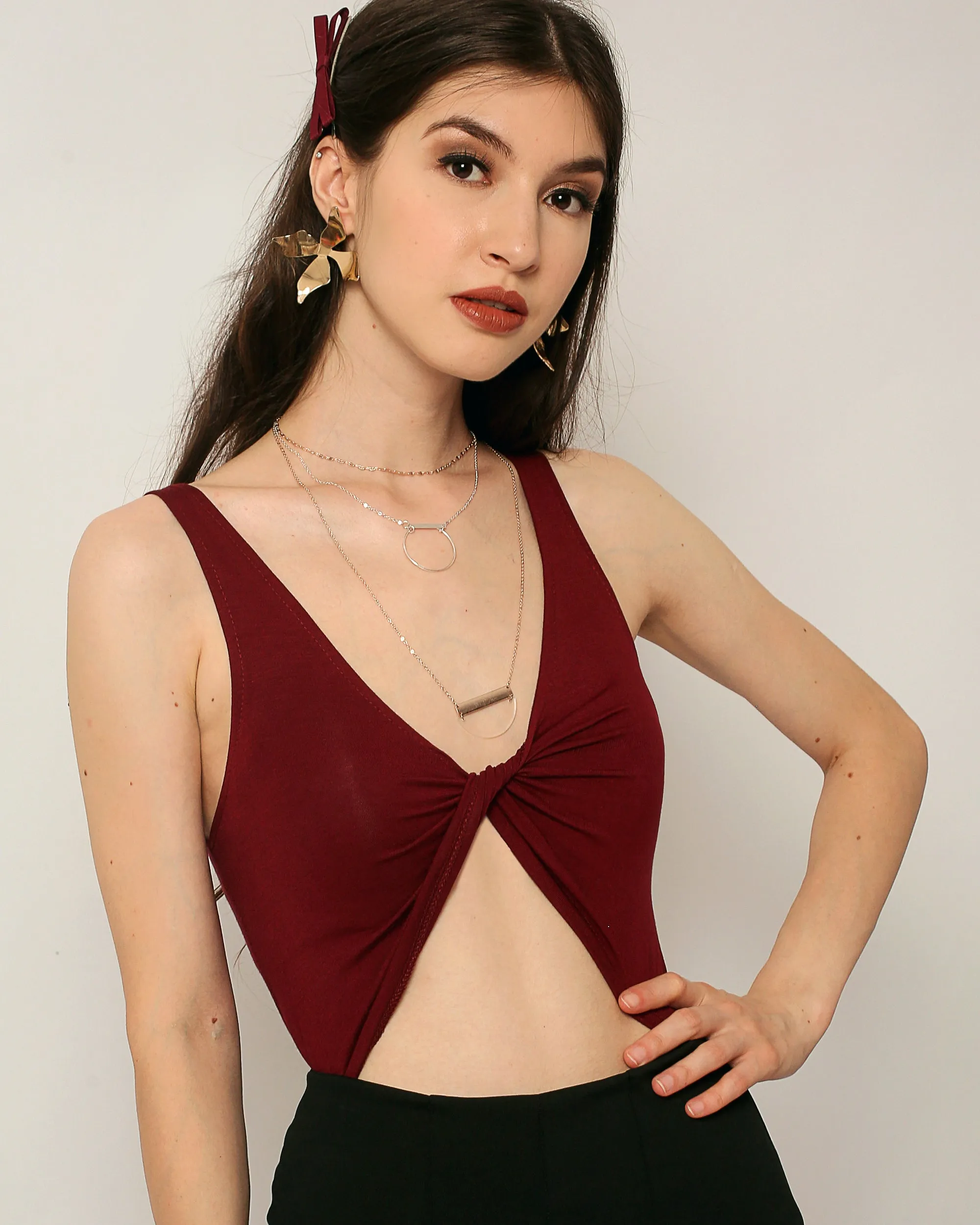 Canoes Ribbon Knit Bodysuit in Maroon