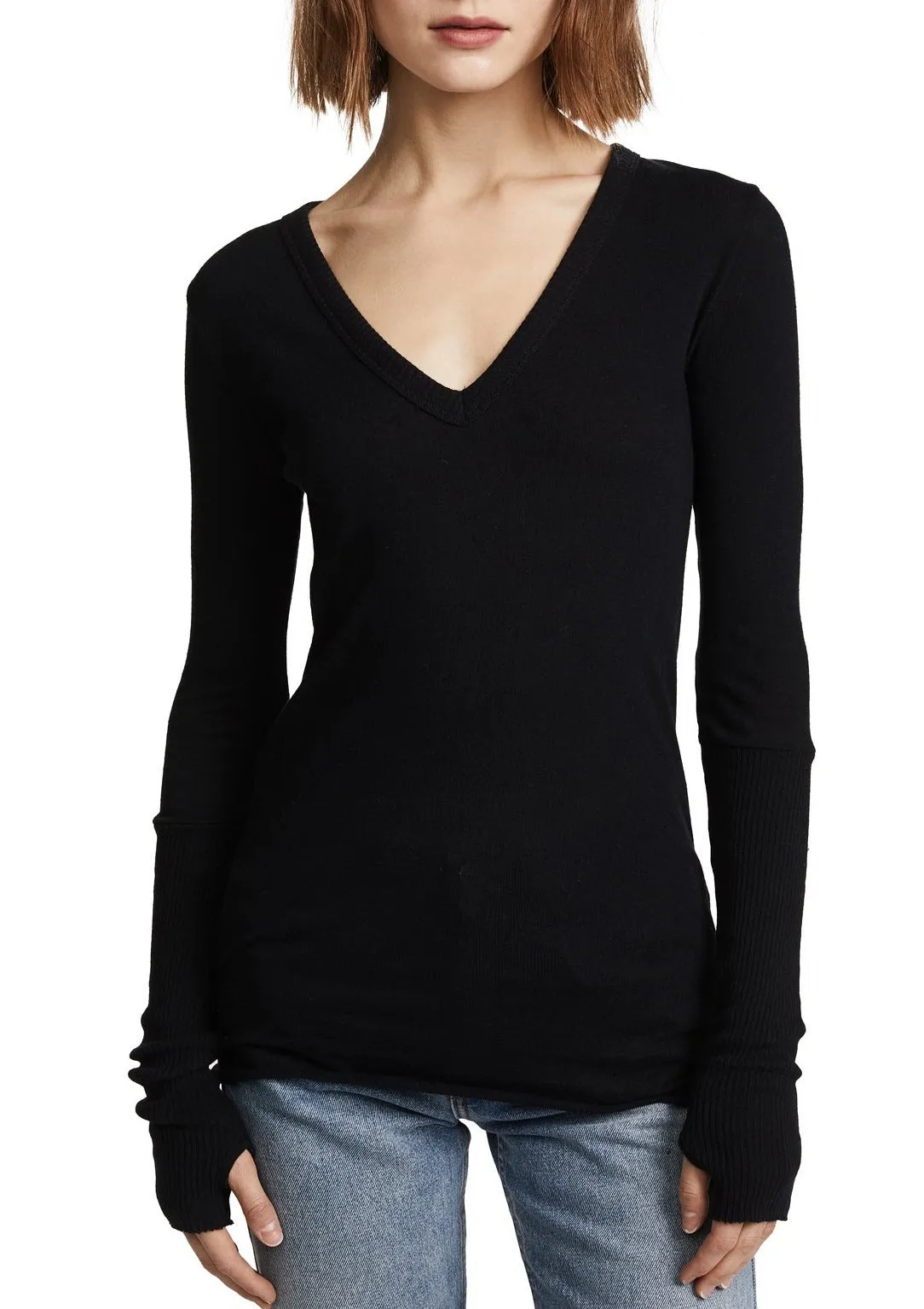 Cashmere Cuffed V Neck Sweater - Black