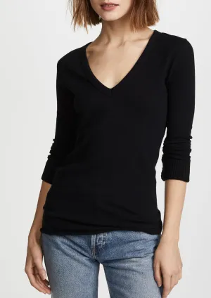 Cashmere Cuffed V Neck Sweater - Black