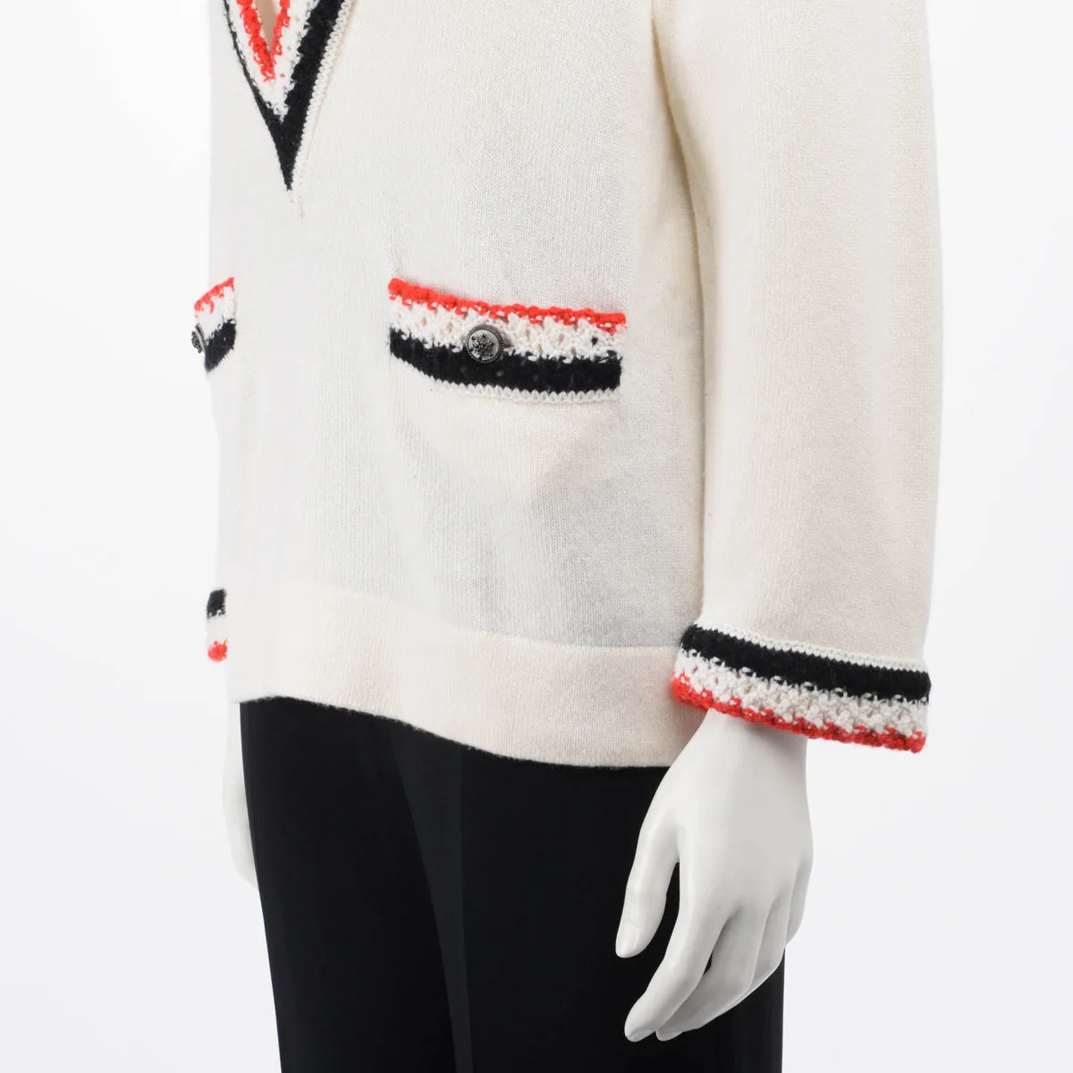 Chanel Cream Cashmere V-Neck Braided Trim Sweater FR 36