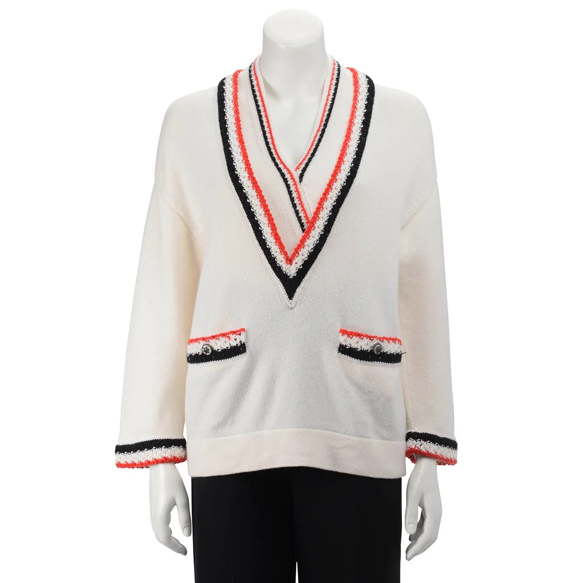 Chanel Cream Cashmere V-Neck Braided Trim Sweater FR 36