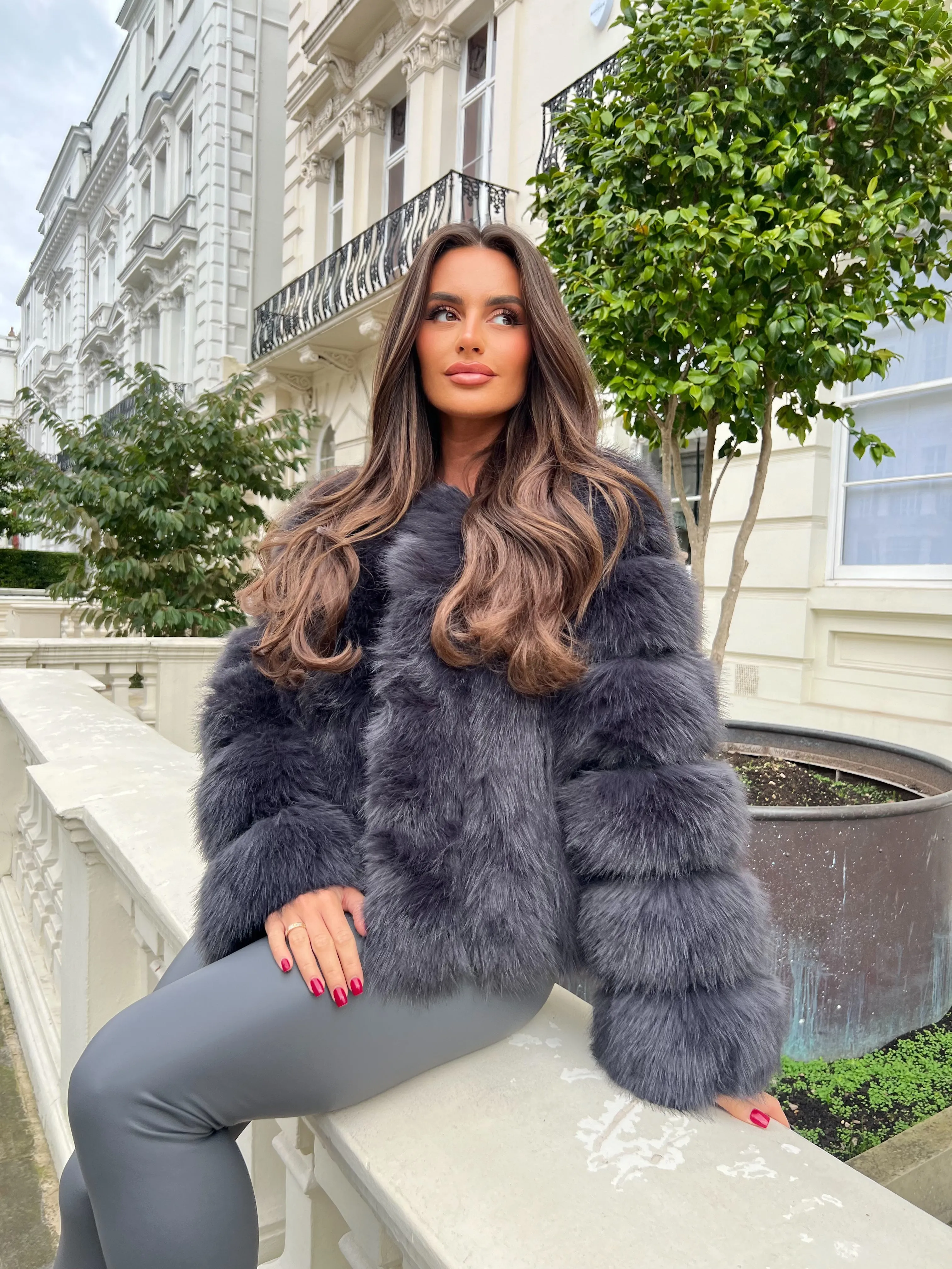 Charcoal Vertical Design Faux Fur Coat