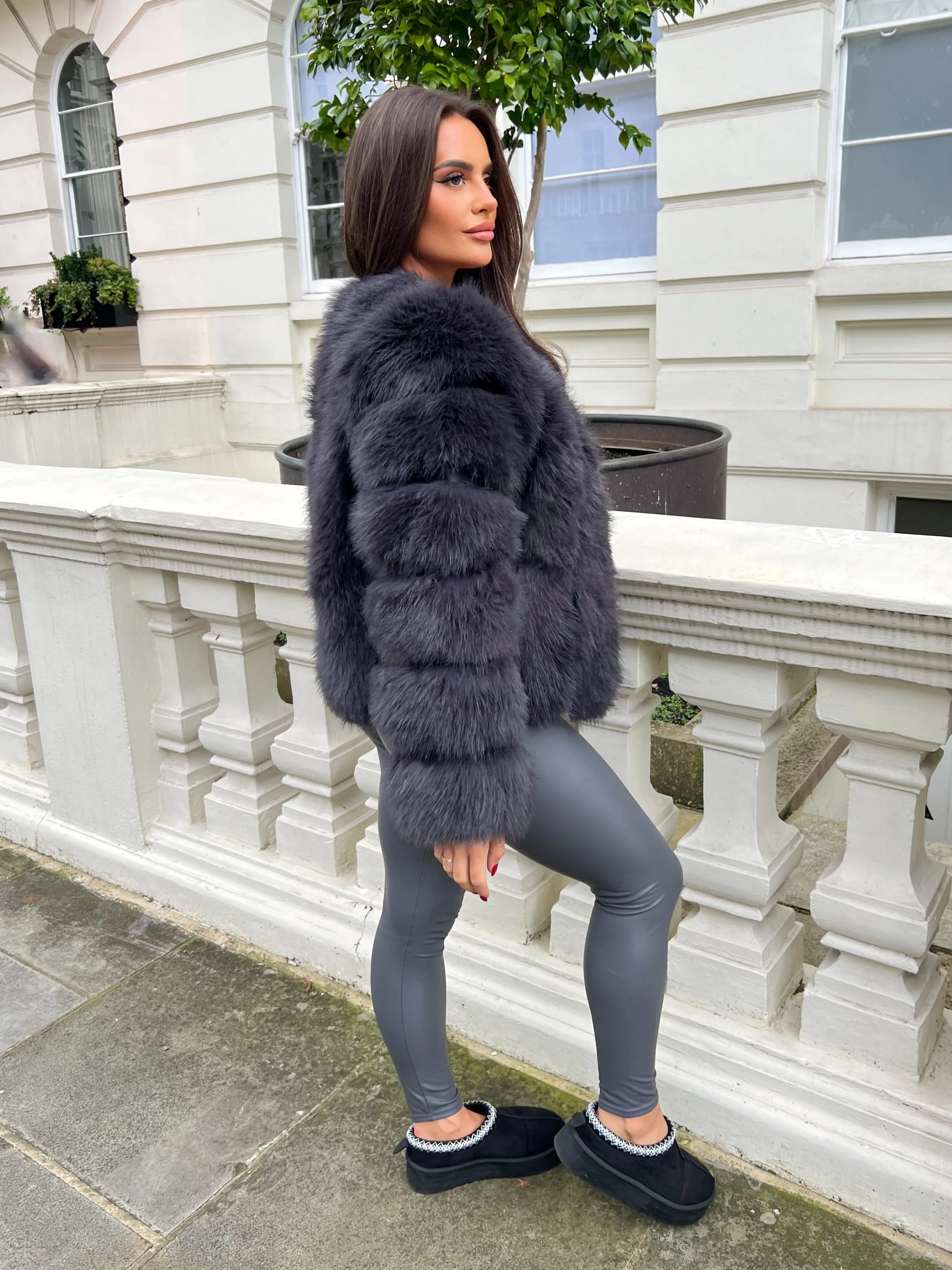 Charcoal Vertical Design Faux Fur Coat