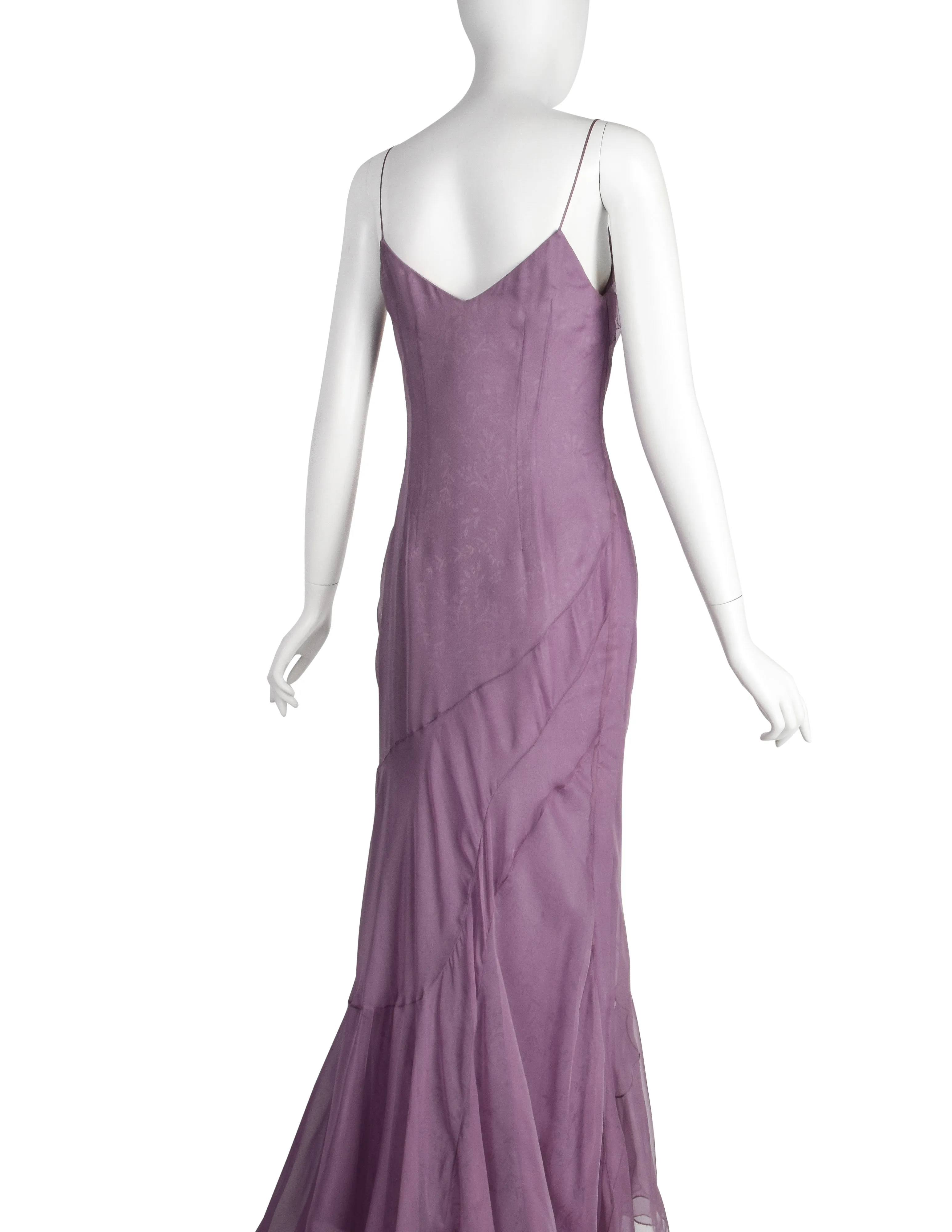 Christian Dior by John Galliano Vintage SS 1998 'In a Boudoir Mood' Spectacular Dusty Lavender Silk Damask Satin Chiffon Trained Evening Gown