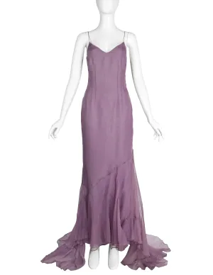 Christian Dior by John Galliano Vintage SS 1998 'In a Boudoir Mood' Spectacular Dusty Lavender Silk Damask Satin Chiffon Trained Evening Gown