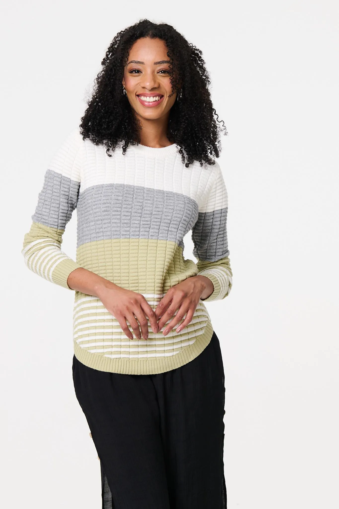 Colour Block Textured Curve Hem Jumper