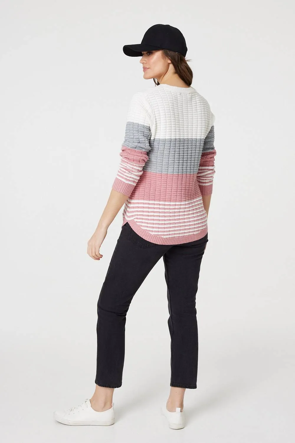 Colour Block Textured Curve Hem Jumper