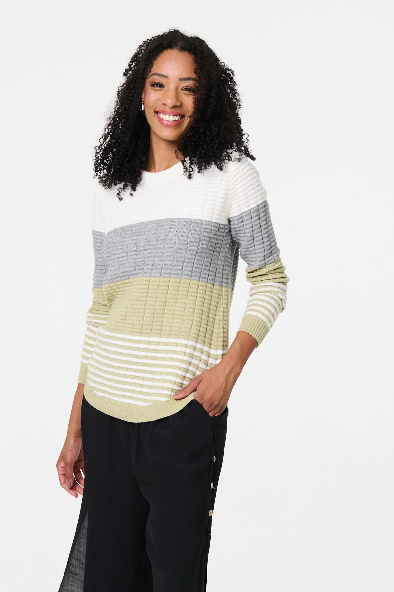 Colour Block Textured Curve Hem Jumper