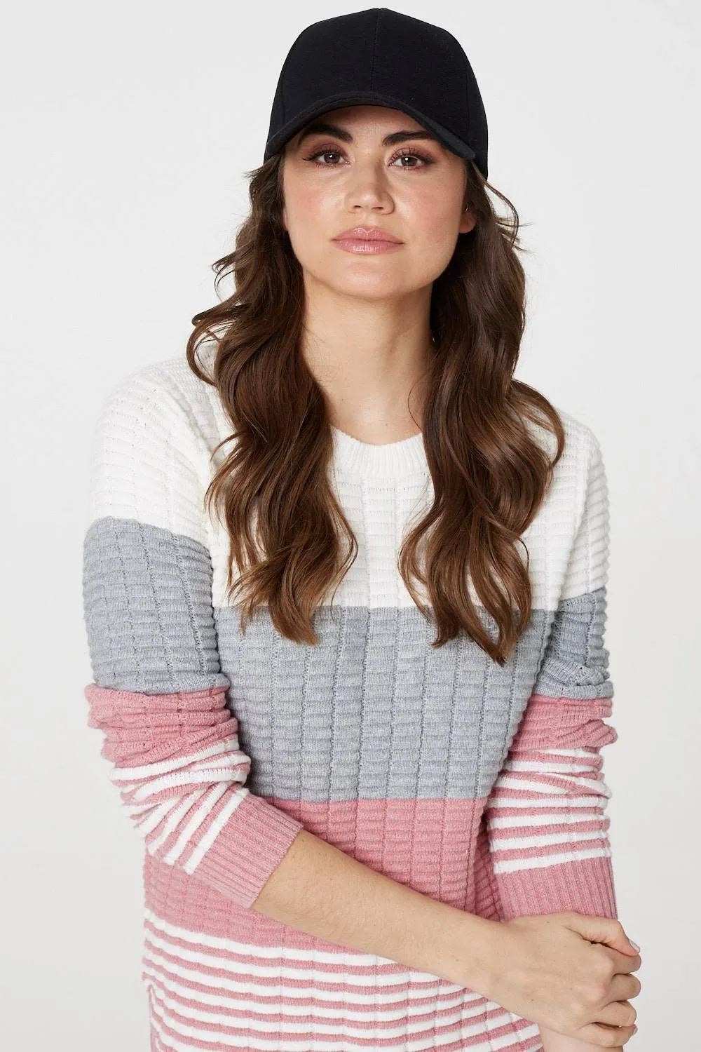 Colour Block Textured Curve Hem Jumper