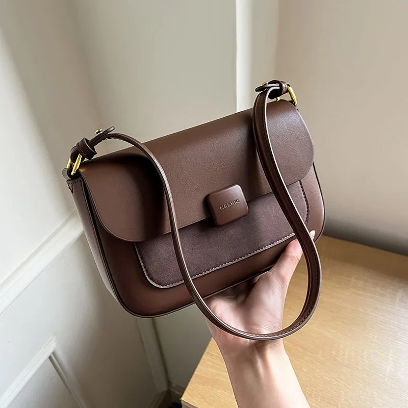 Compact Coffee Leather Box Shoulder Bag