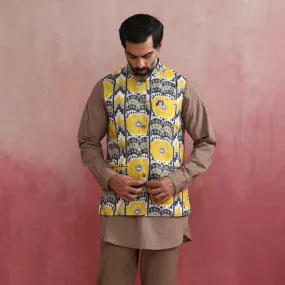 Cotton Reversible Nehru Jacket | Ikat Print | Yellow & Grey