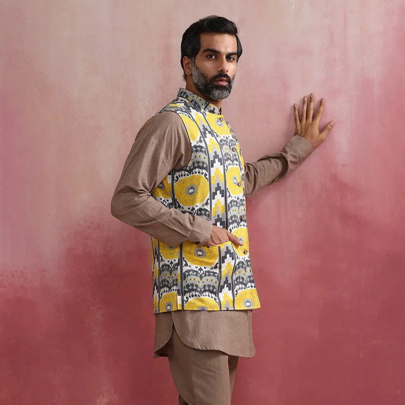 Cotton Reversible Nehru Jacket | Ikat Print | Yellow & Grey