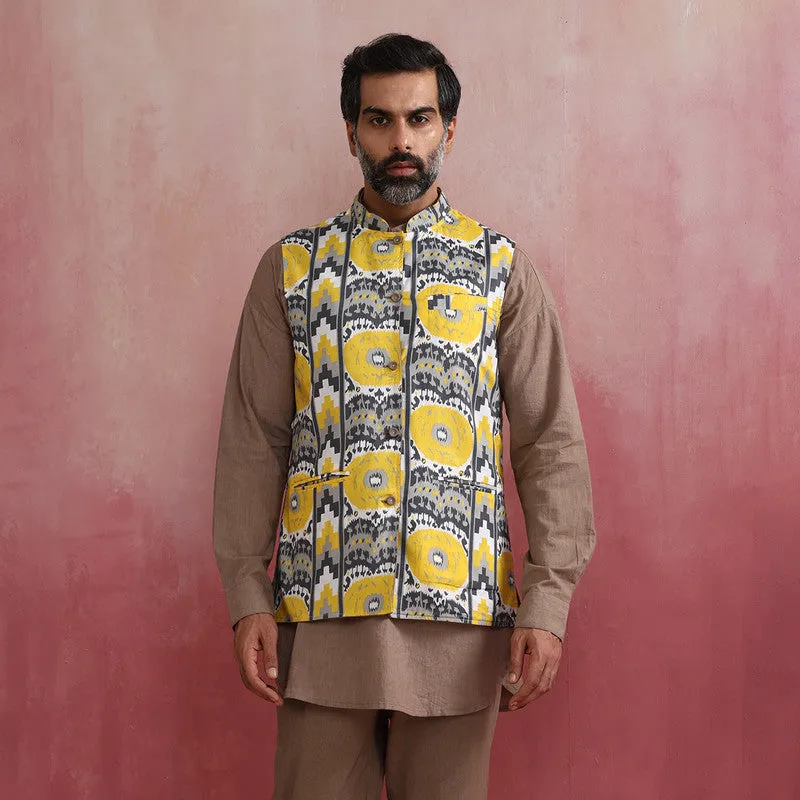 Cotton Reversible Nehru Jacket | Ikat Print | Yellow & Grey