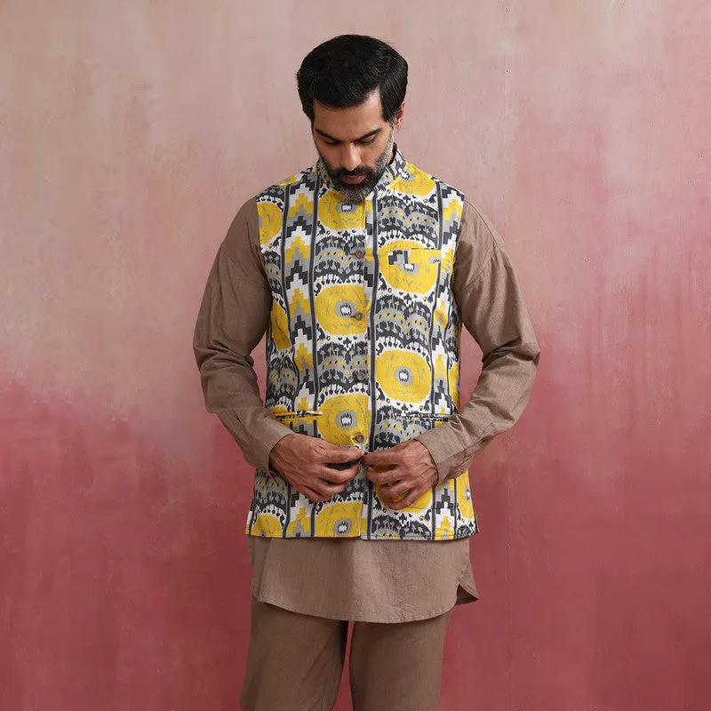 Cotton Reversible Nehru Jacket | Ikat Print | Yellow & Grey