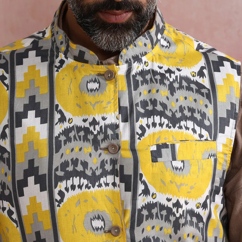 Cotton Reversible Nehru Jacket | Ikat Print | Yellow & Grey