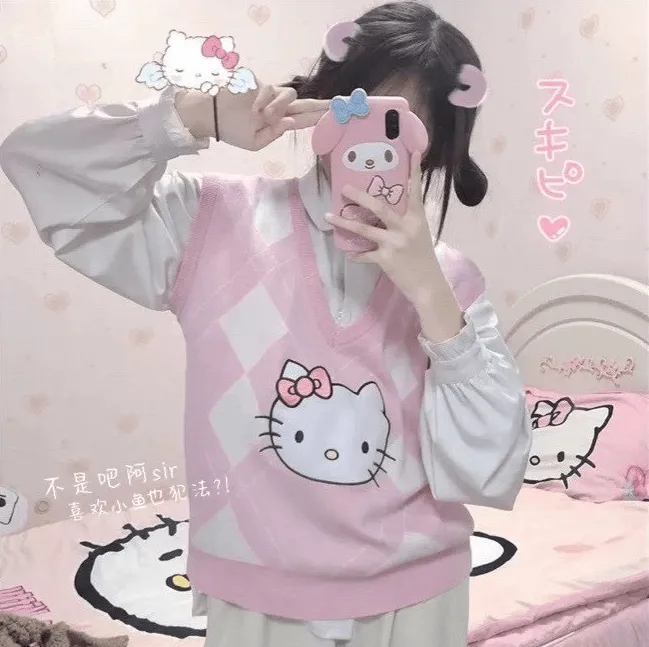 CUTE “HELLO KITTY" PASTEL PINK KNIT VEST BY9001