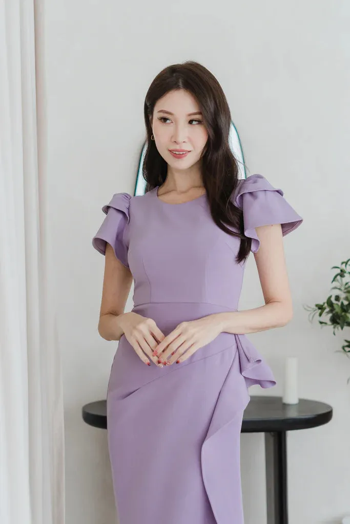 Daphne Cap Sleeves Ruffle Slit Dress - Purple Ash