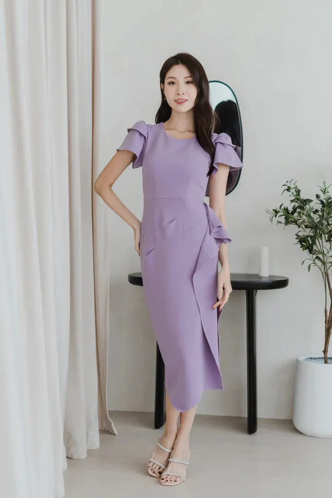 Daphne Cap Sleeves Ruffle Slit Dress - Purple Ash