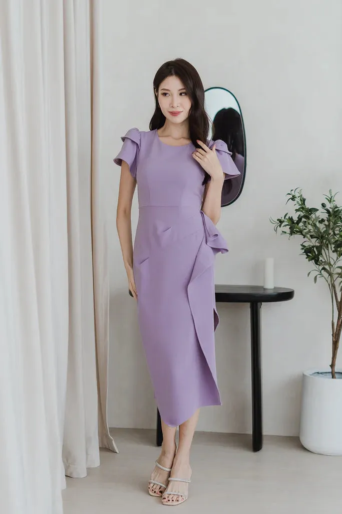 Daphne Cap Sleeves Ruffle Slit Dress - Purple Ash