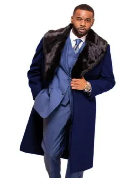 Dark Navy Blue Overcoat ~ Long men's Dress Topcoat - Winter coat With Fur Collar And Wool Fabric