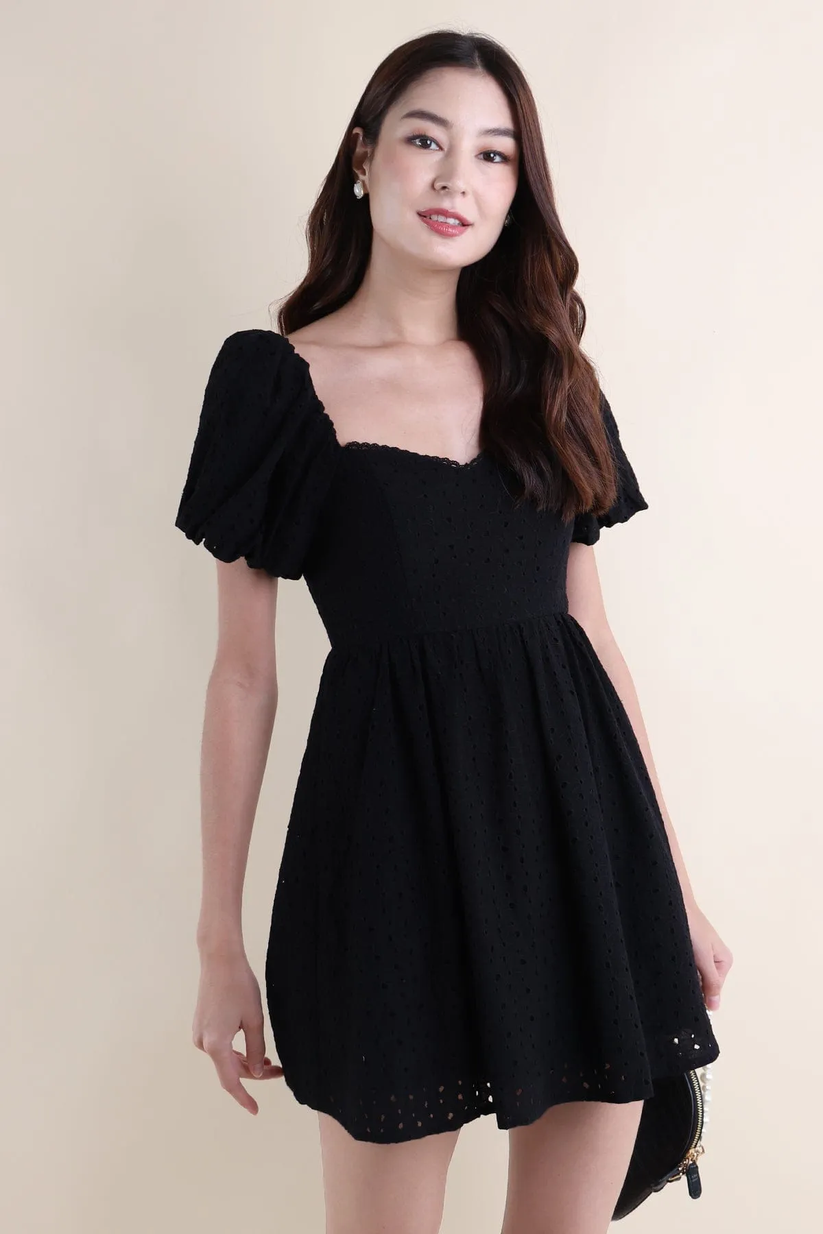 EMBER PUFF SLEEVES EYELET DRESS IN BLACK