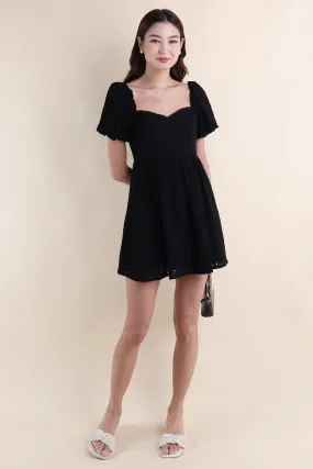 EMBER PUFF SLEEVES EYELET DRESS IN BLACK