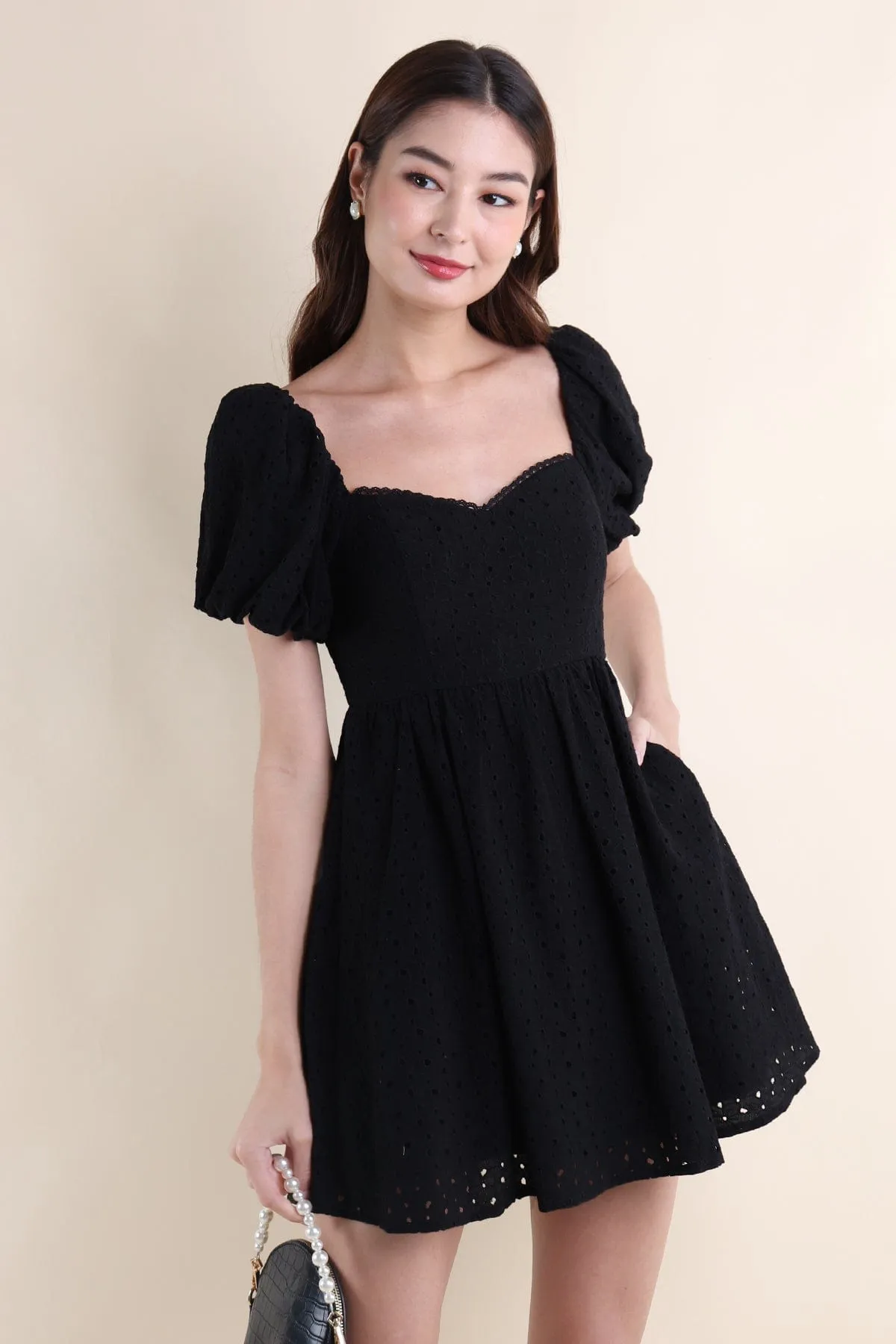 EMBER PUFF SLEEVES EYELET DRESS IN BLACK