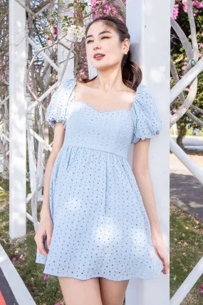 EMBER PUFF SLEEVES EYELET DRESS IN BLUE