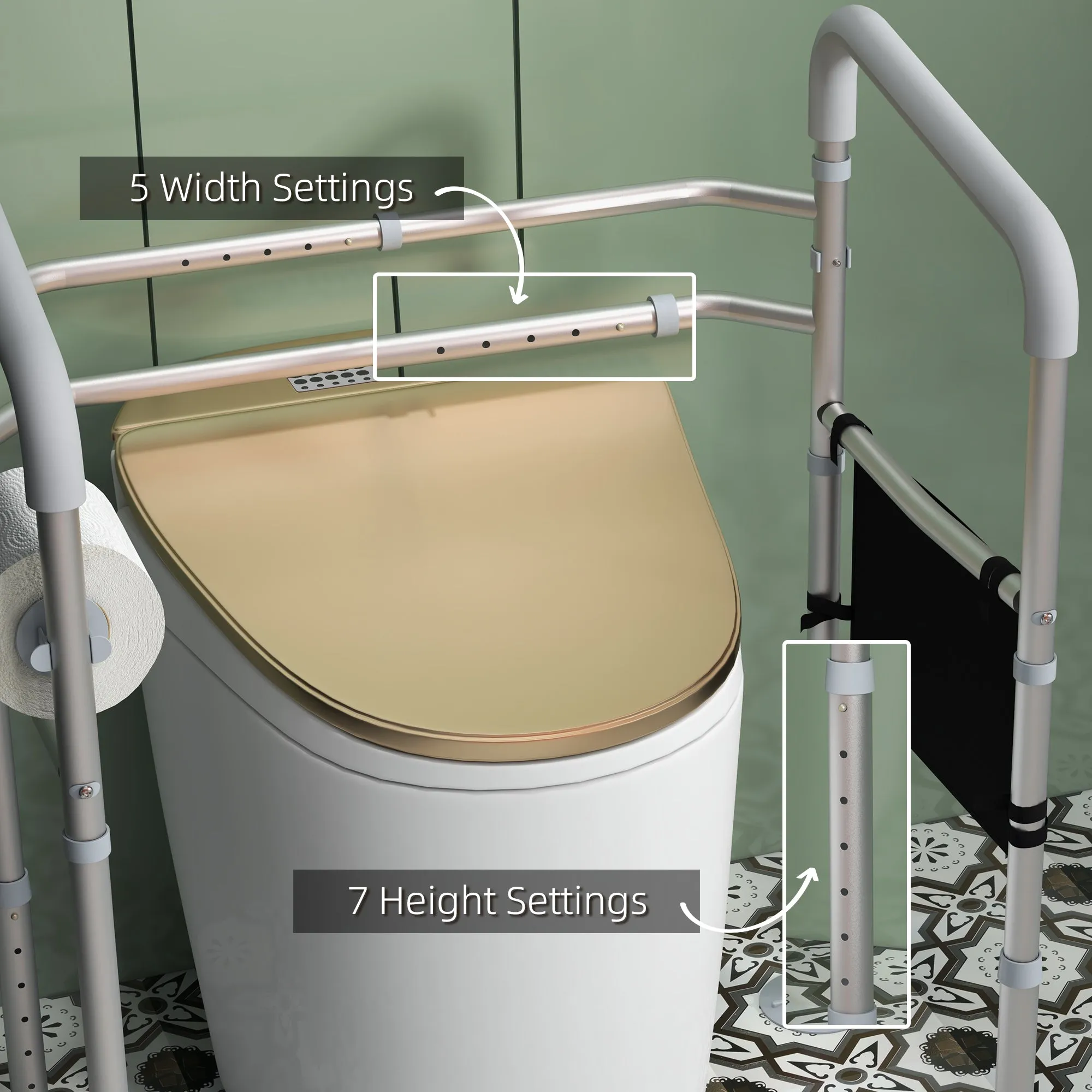 Free Standing Toilet Frame, Height & Width Adjustable Toilet Safety Frame w/ Arms, Additional Suction Cups, Handrail Grab Bar, 136kg Capacity