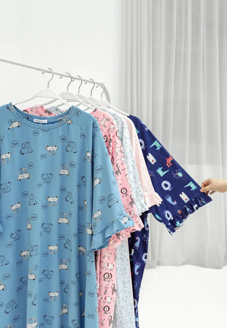 Fritzy Cute Frilly Short Sleep Dress - Light Blue Animals