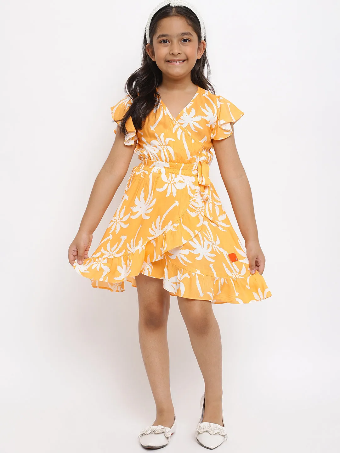 Girls Orange Printed Dress