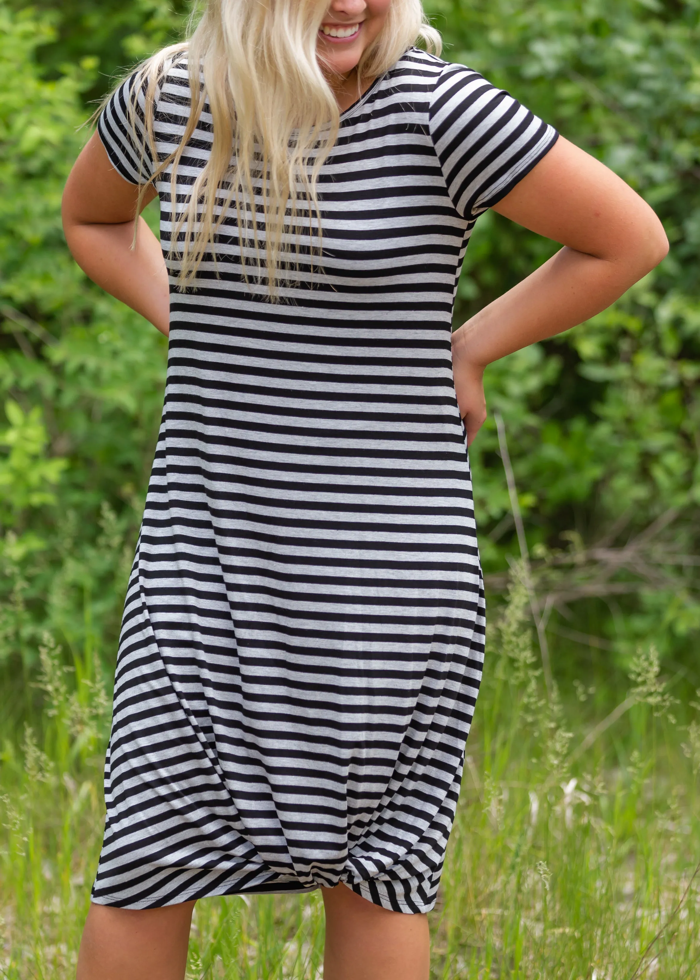 Gray   Black Striped Bottom Knot Midi Dress