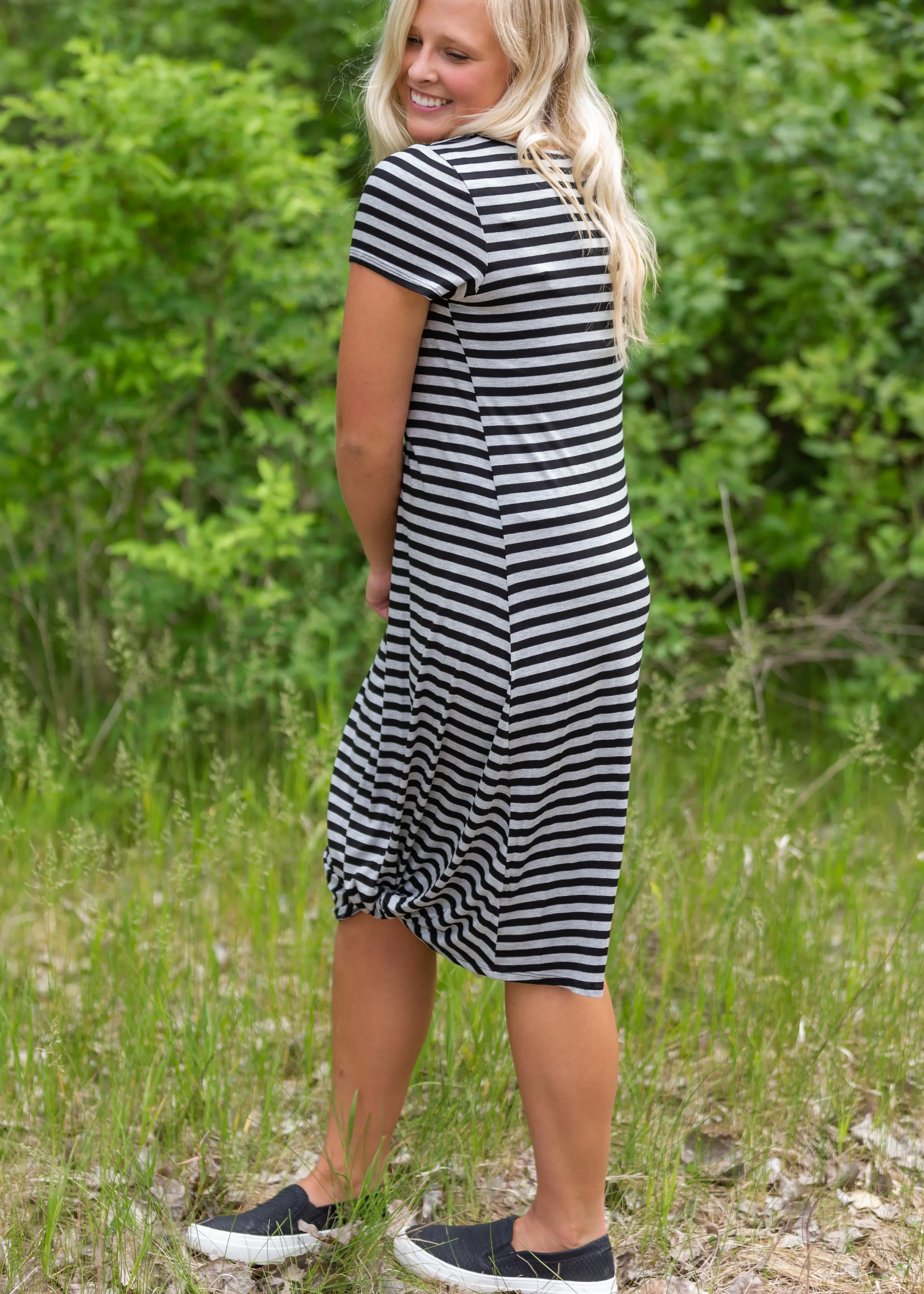 Gray   Black Striped Bottom Knot Midi Dress