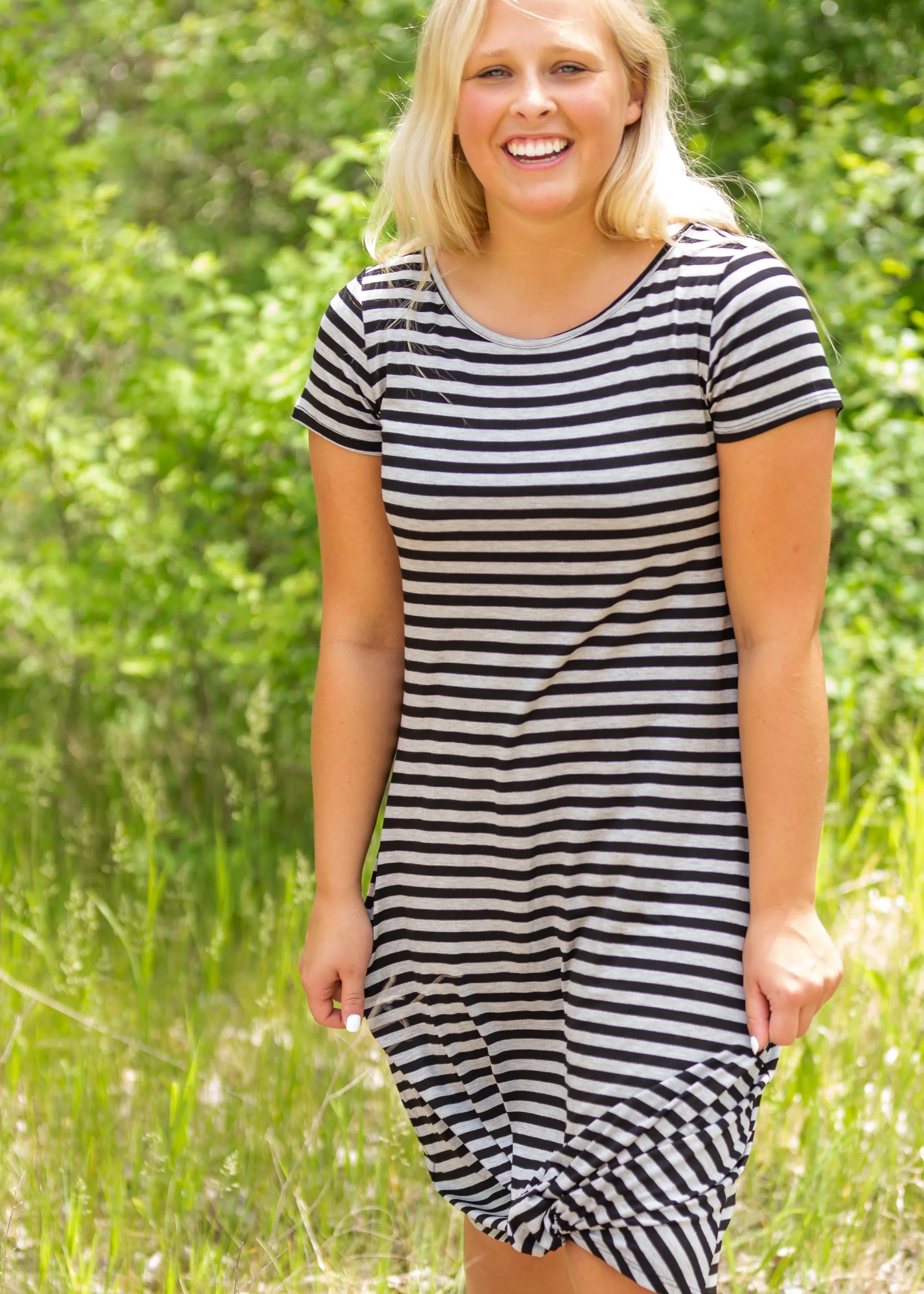 Gray   Black Striped Bottom Knot Midi Dress