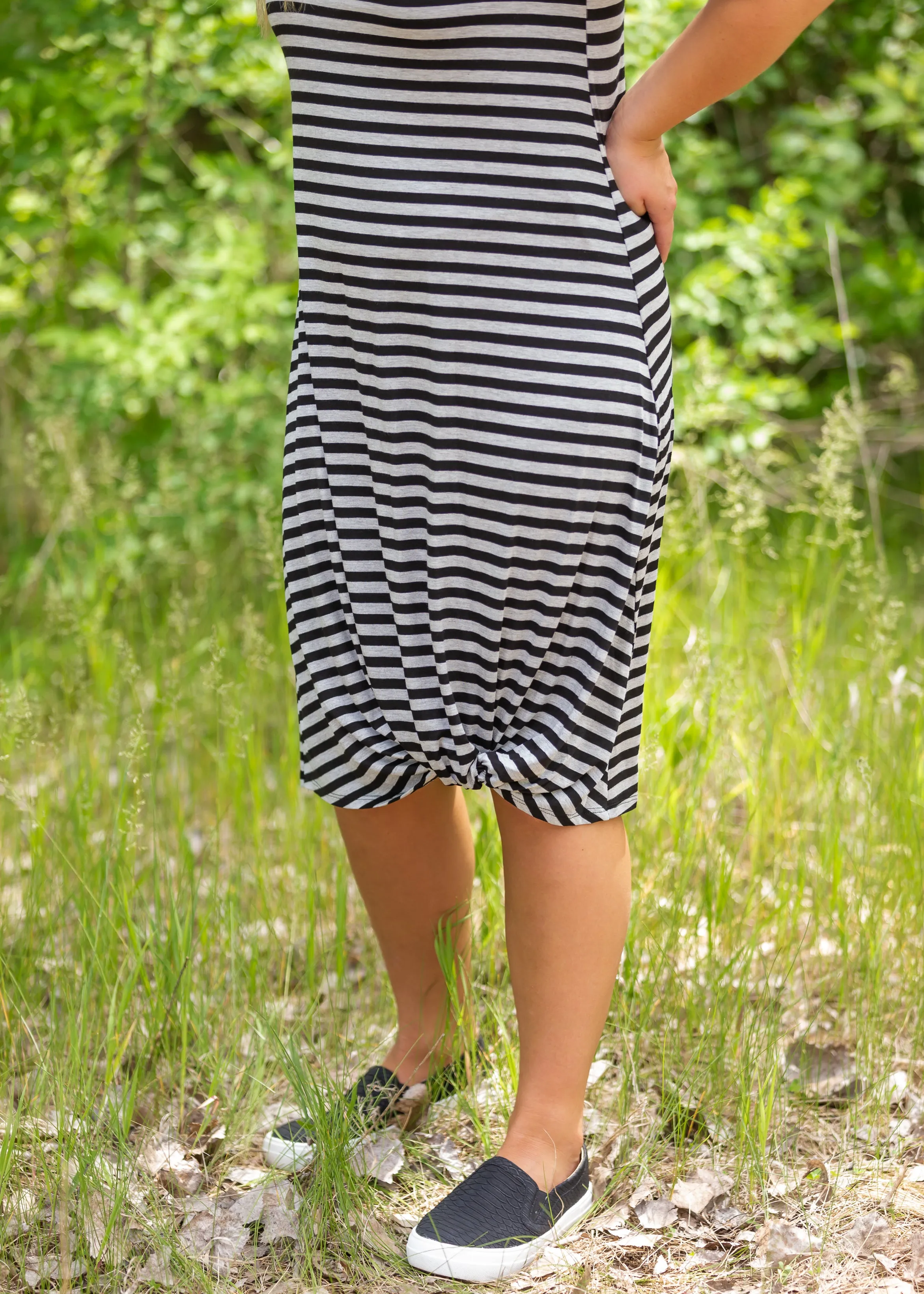 Gray   Black Striped Bottom Knot Midi Dress