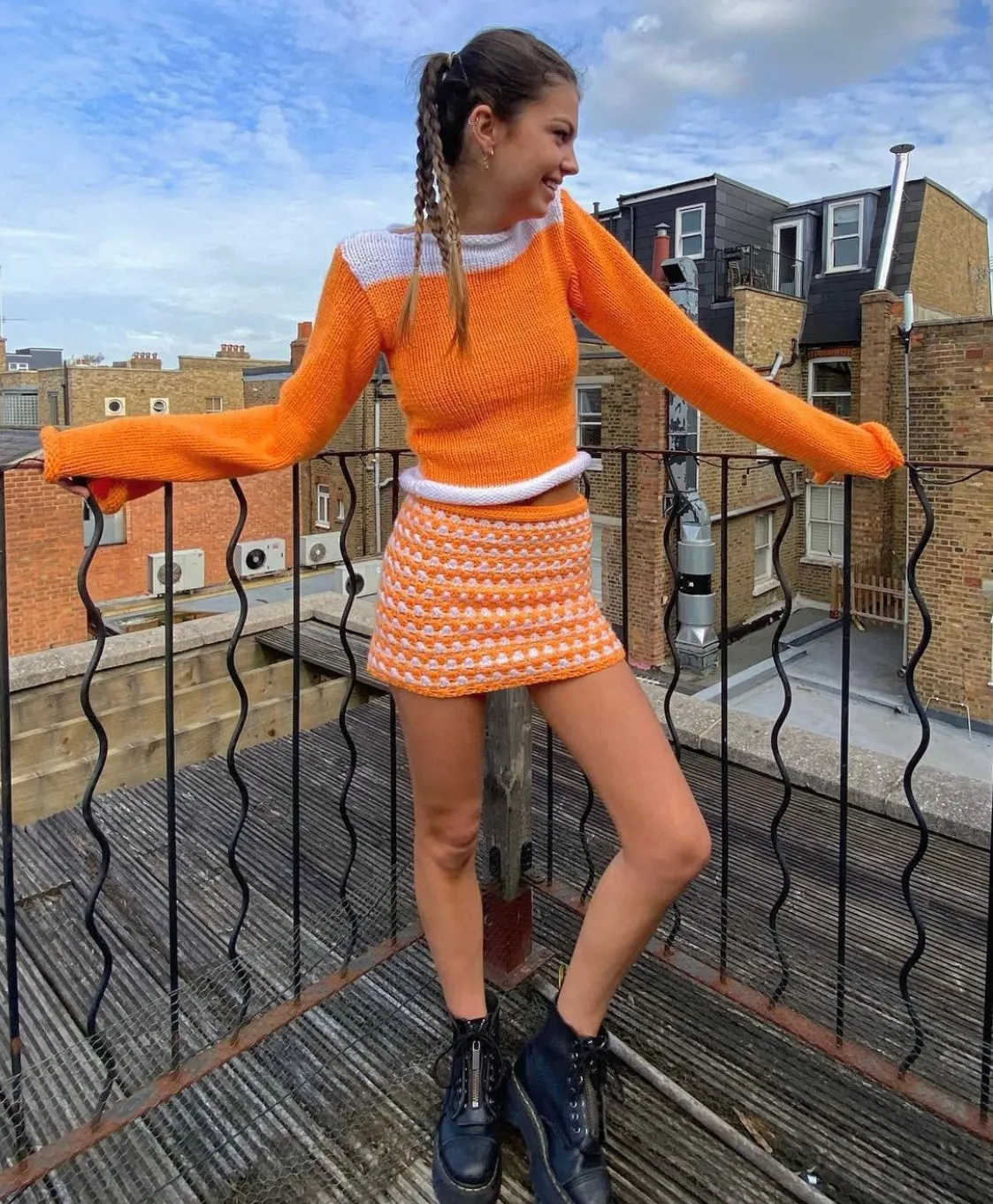 Handmade knitted colour block jumper in orange and white