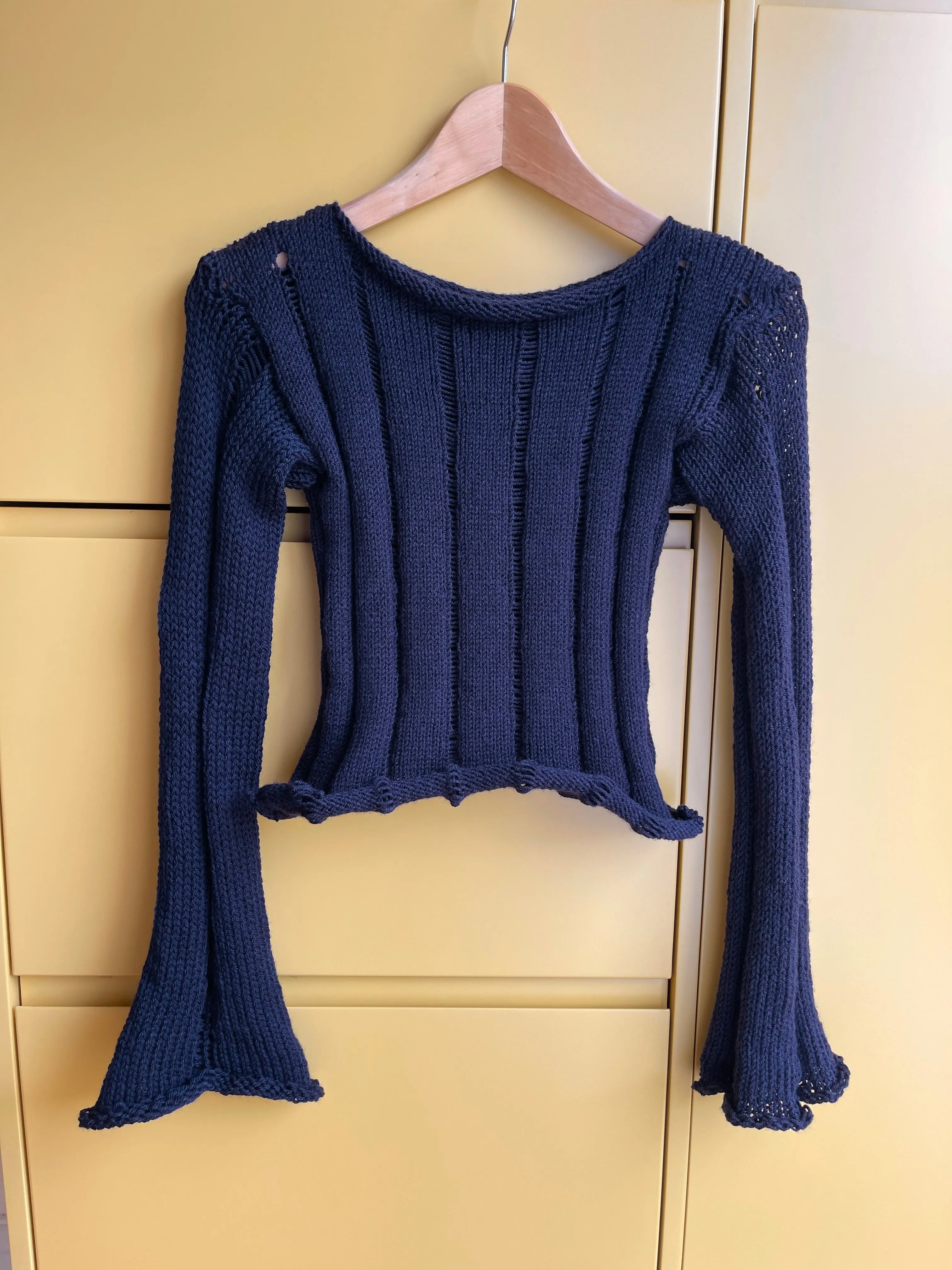 Handmade navy blue distressed knitted jumper